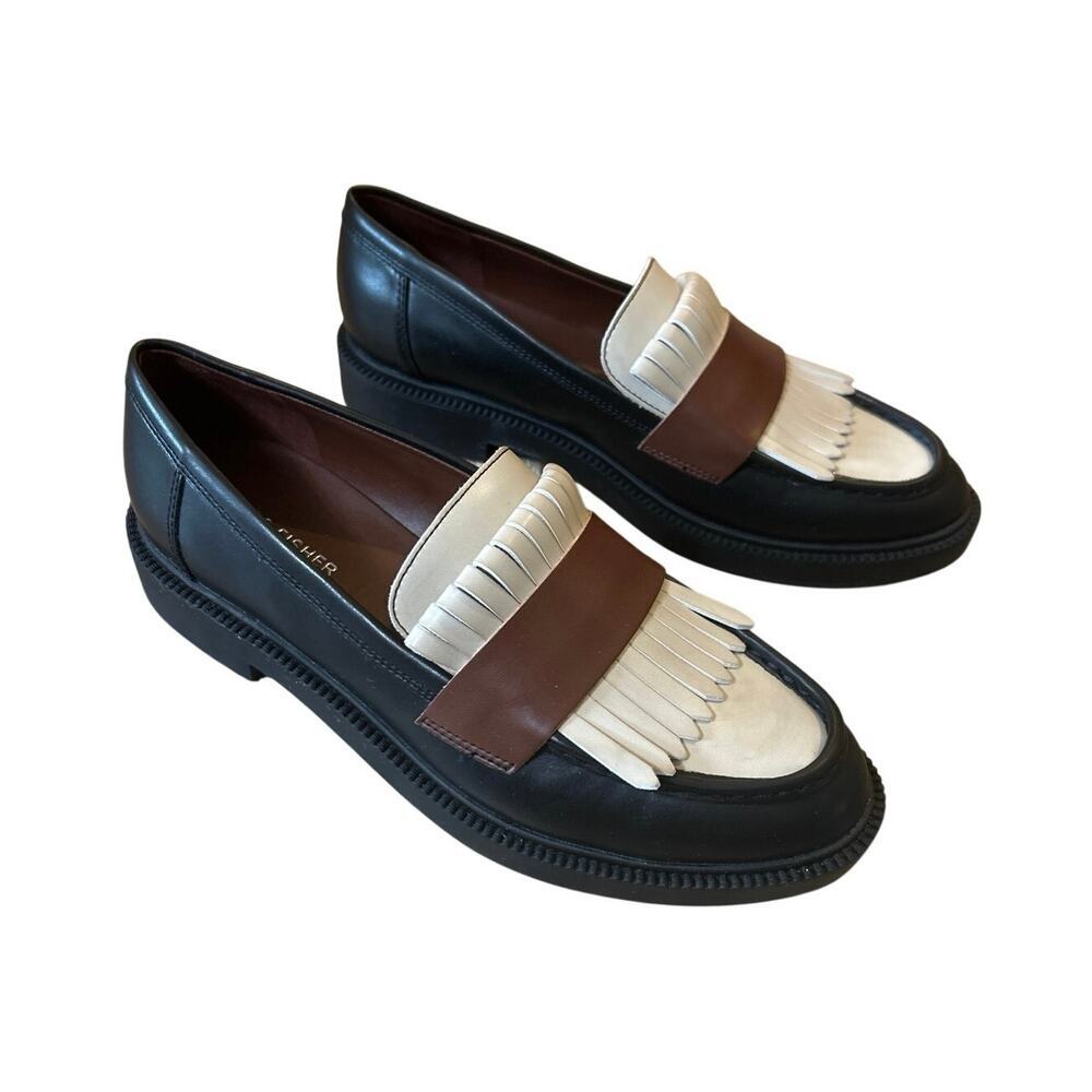 Marc Fisher Calixy Kiltie Fringe Loafers Black Tan Cream Preppy Academia 7.5
